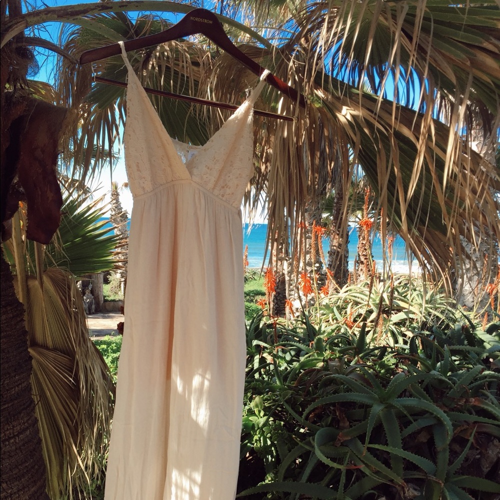 Peach maxi dress with crocheted deep v neck